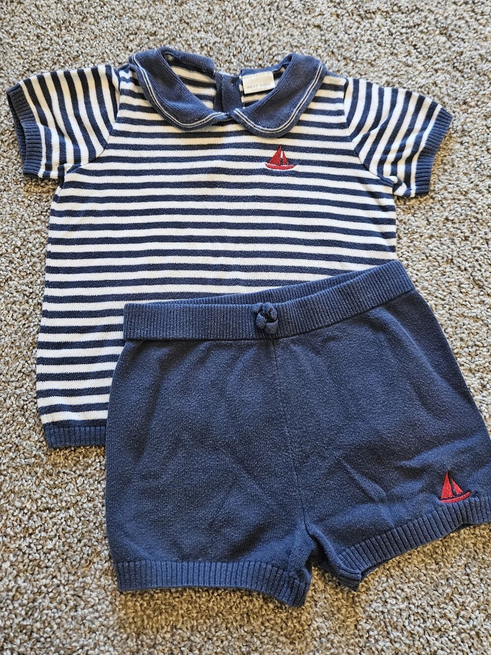 Next Baby - Nautical Stripe Knit Baby Set - Navy & White with Red Accent